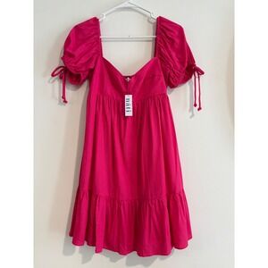 Nati Puff Sleeve Tiered Mini Dress Women Size Medium Hot Pink Smocked Back